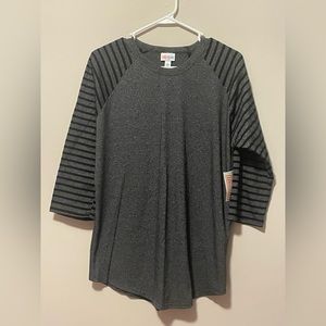LuLaRoe Randy 3/4 sleeve shirt; grey with grey and black striped sleeves; L; NWT